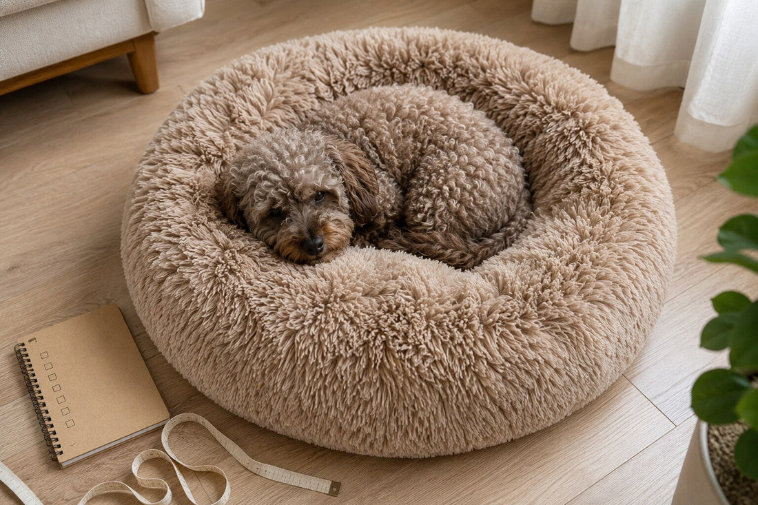 Curled brown dog resting in a beige round shag calming dog bed beside a measuring tape and notebook in a bright, cozy room.